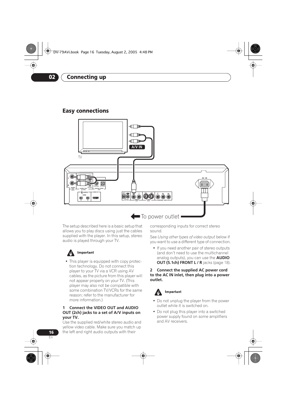 Easy connections, Connecting up 02, Using other types of video output | Audio out (5.1ch) front l / r, Jacks (page 18) | Pioneer DV-79AVi User Manual | Page 16 / 99