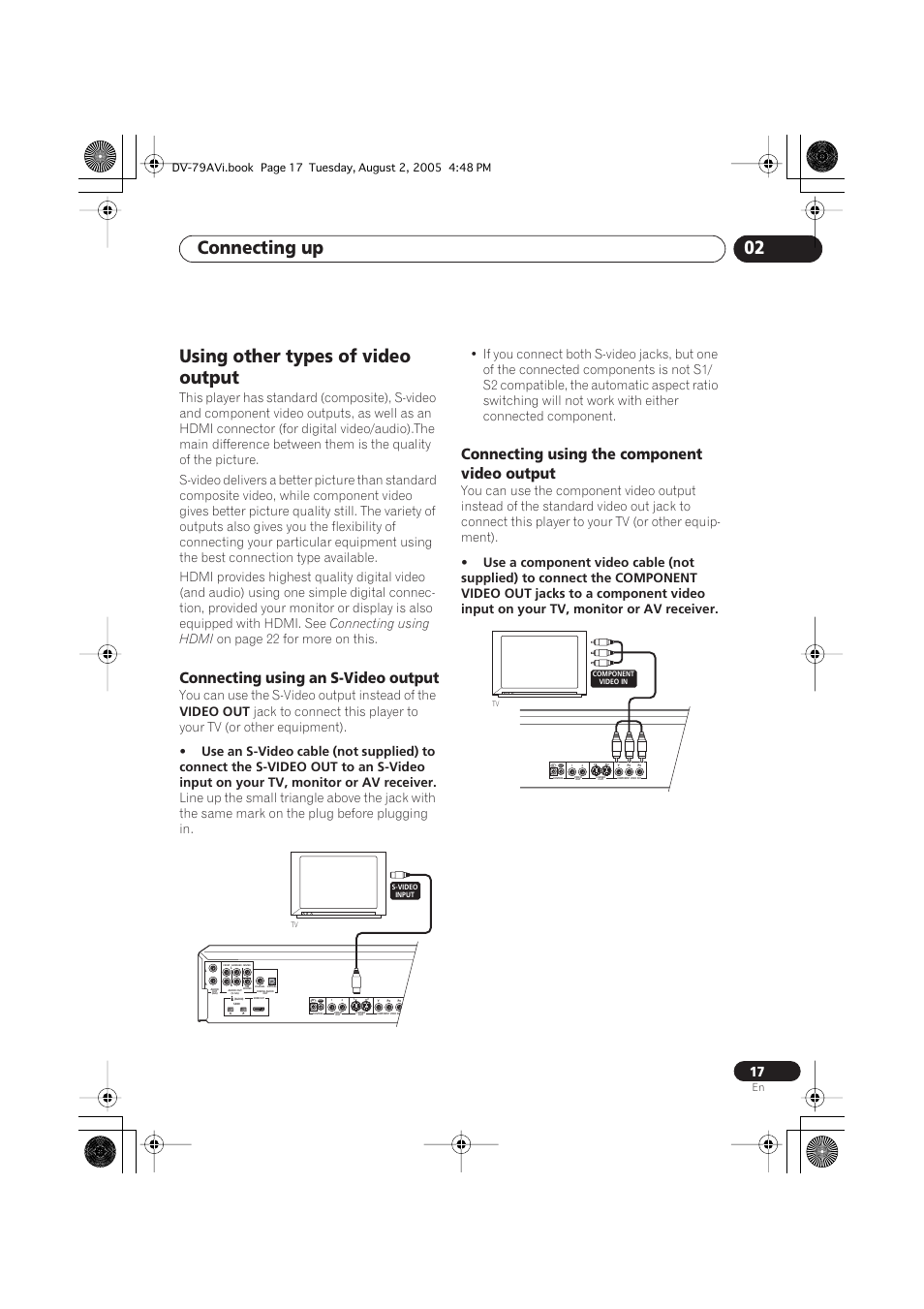 Using other types of video output, Connecting using an s-video output, Connecting using the component video output | Connecting up 02, Connecting using hdmi, On page 22 for more on this, You can use the s-video output instead of the, Video out | Pioneer DV-79AVi User Manual | Page 17 / 99