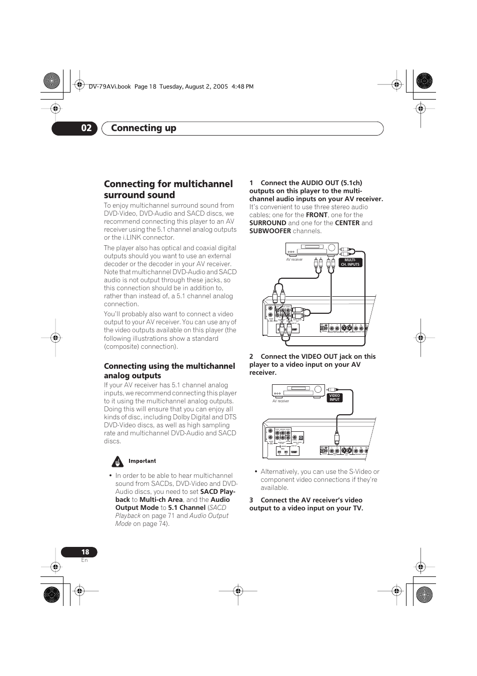 Connecting for multichannel surround sound, Connecting using the multichannel analog outputs, Connecting up 02 | Sacd play- back, Multi-ch area, And the, Audio output mode, 1 channel, Sacd playback, On page 71 and | Pioneer DV-79AVi User Manual | Page 18 / 99