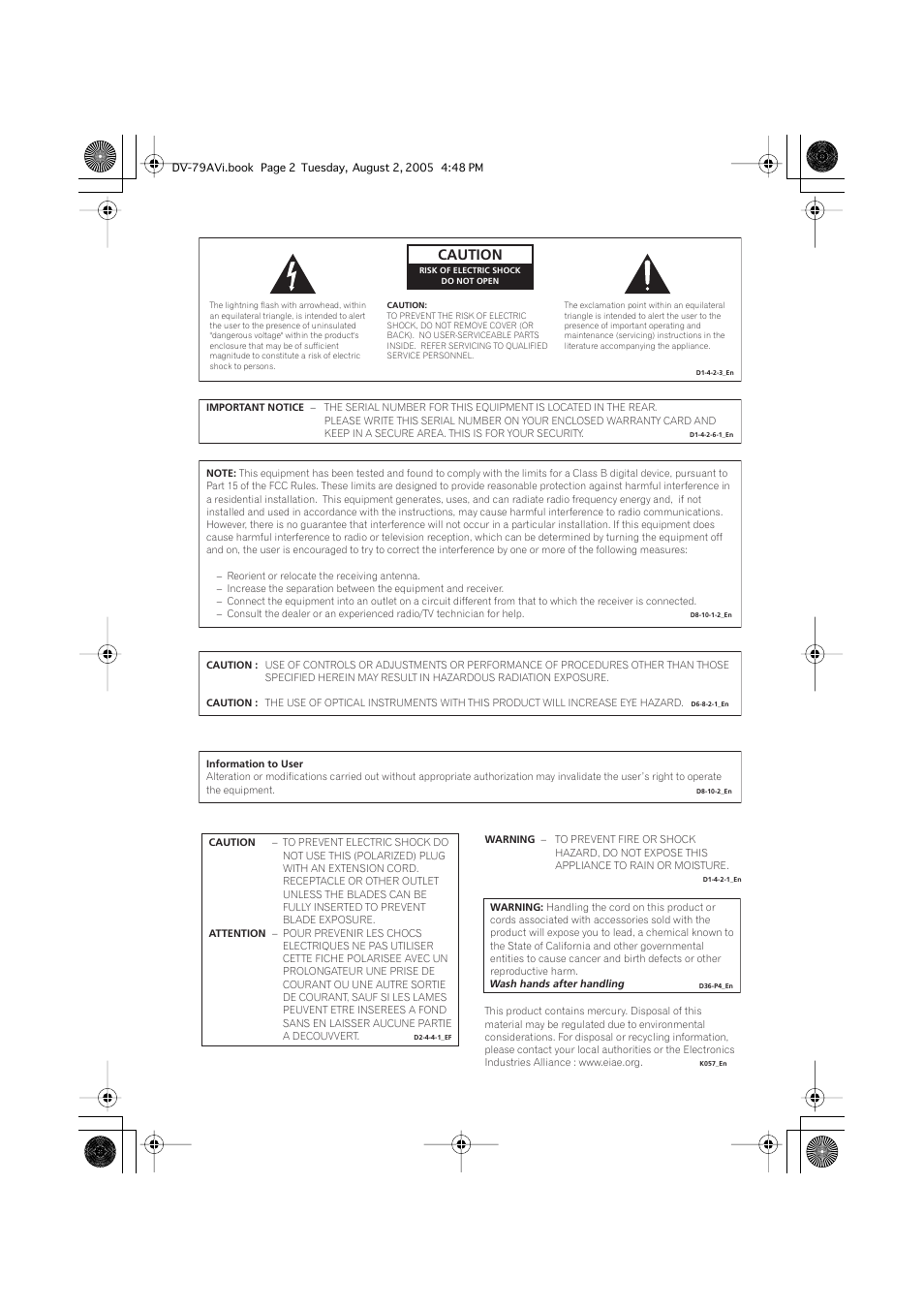 Caution | Pioneer DV-79AVi User Manual | Page 2 / 99