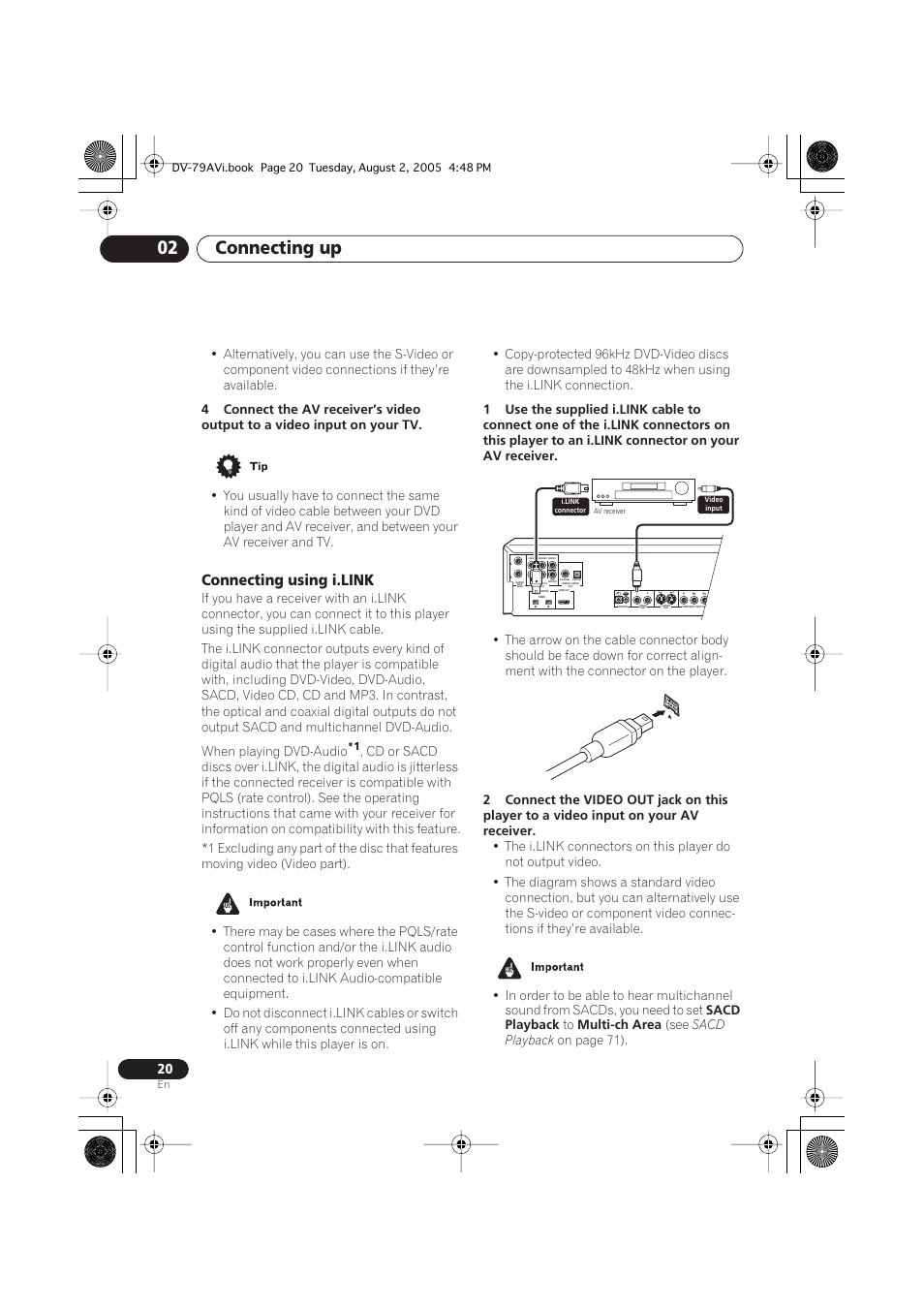 Connecting using i.link, Connecting up 02, Sacd playback | Multi-ch area, On page 71) | Pioneer DV-79AVi User Manual | Page 20 / 99