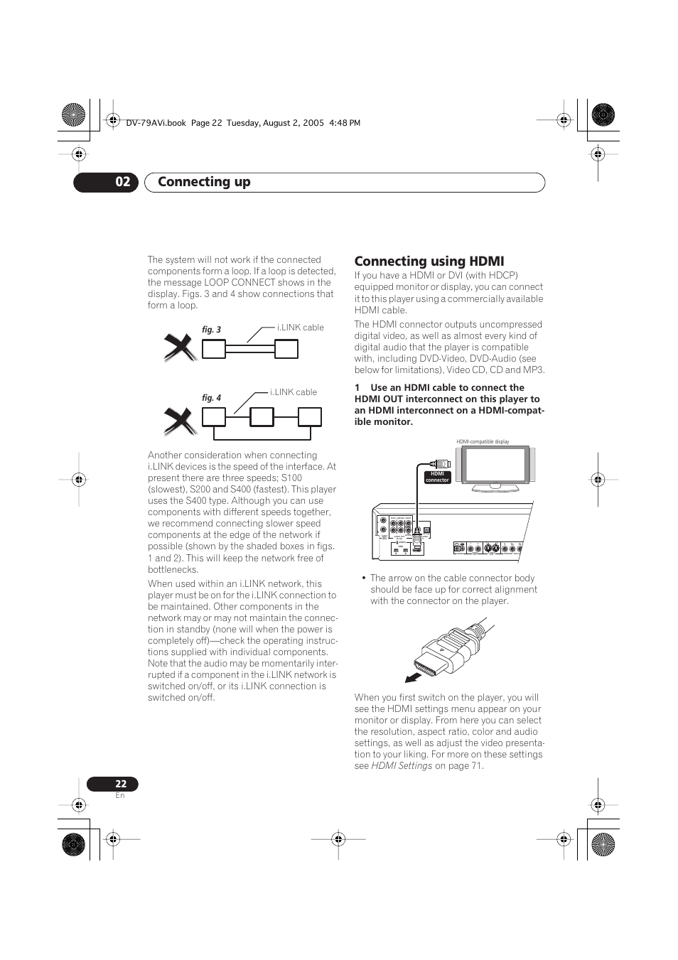 Connecting using hdmi, Connecting up 02, Hdmi settings | On page 71, Fig. 3 fig. 4 i.link cable i.link cable | Pioneer DV-79AVi User Manual | Page 22 / 99