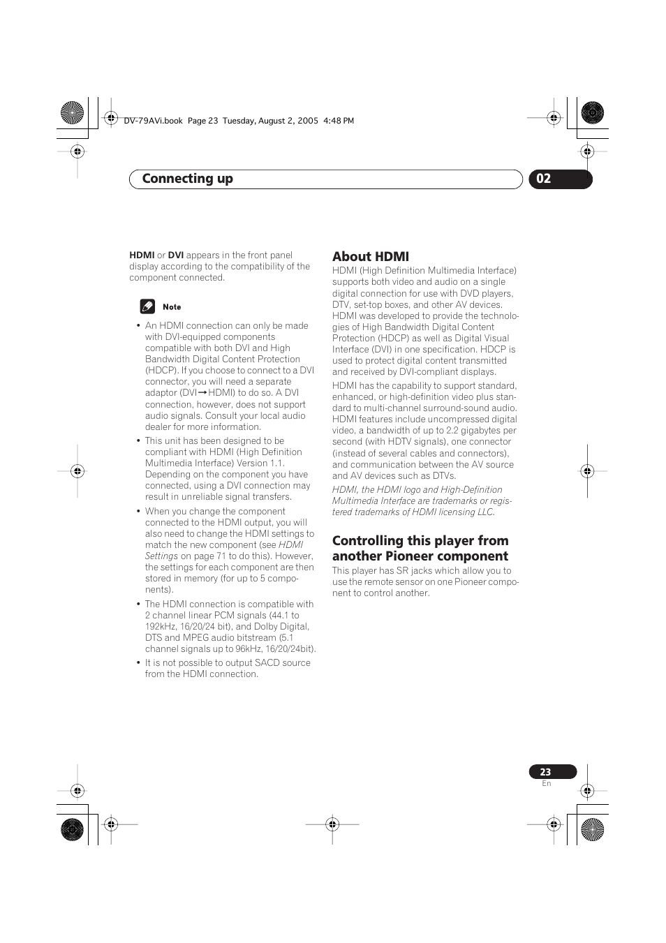 About hdmi, Connecting up 02 | Pioneer DV-79AVi User Manual | Page 23 / 99