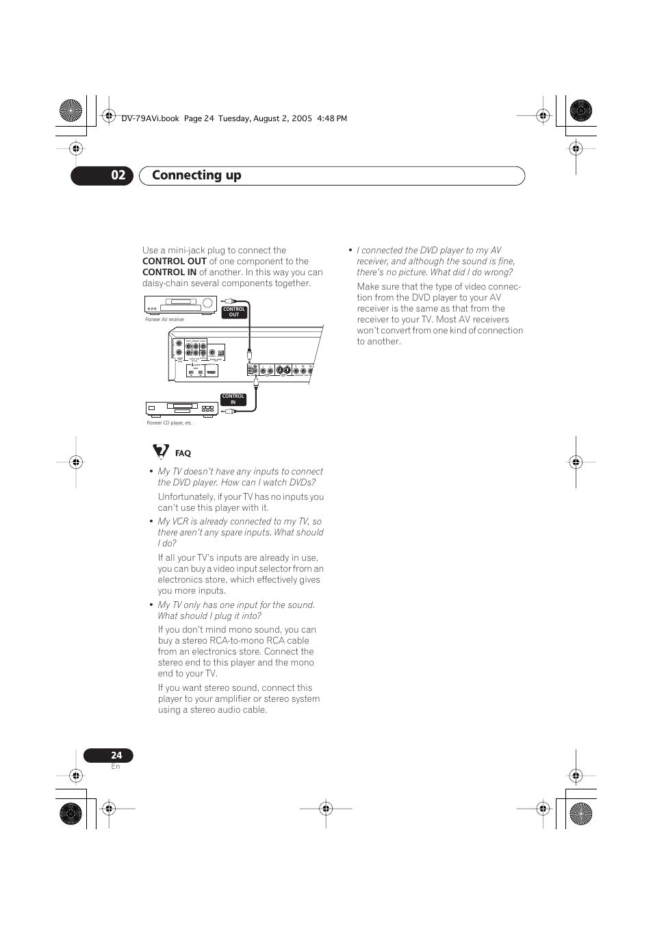 Connecting up 02, Use a mini-jack plug to connect the, Control out | Of one component to the, Control in | Pioneer DV-79AVi User Manual | Page 24 / 99