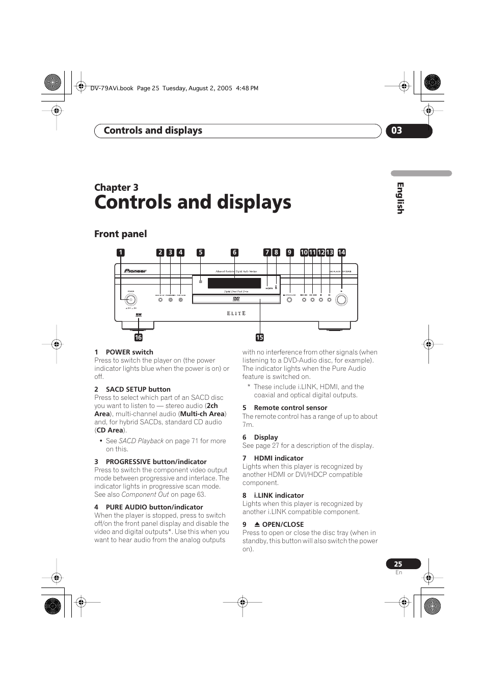 03 controls and displays, Front panel, Controls and displays | Controls and displays 03, Chapter 3 | Pioneer DV-79AVi User Manual | Page 25 / 99