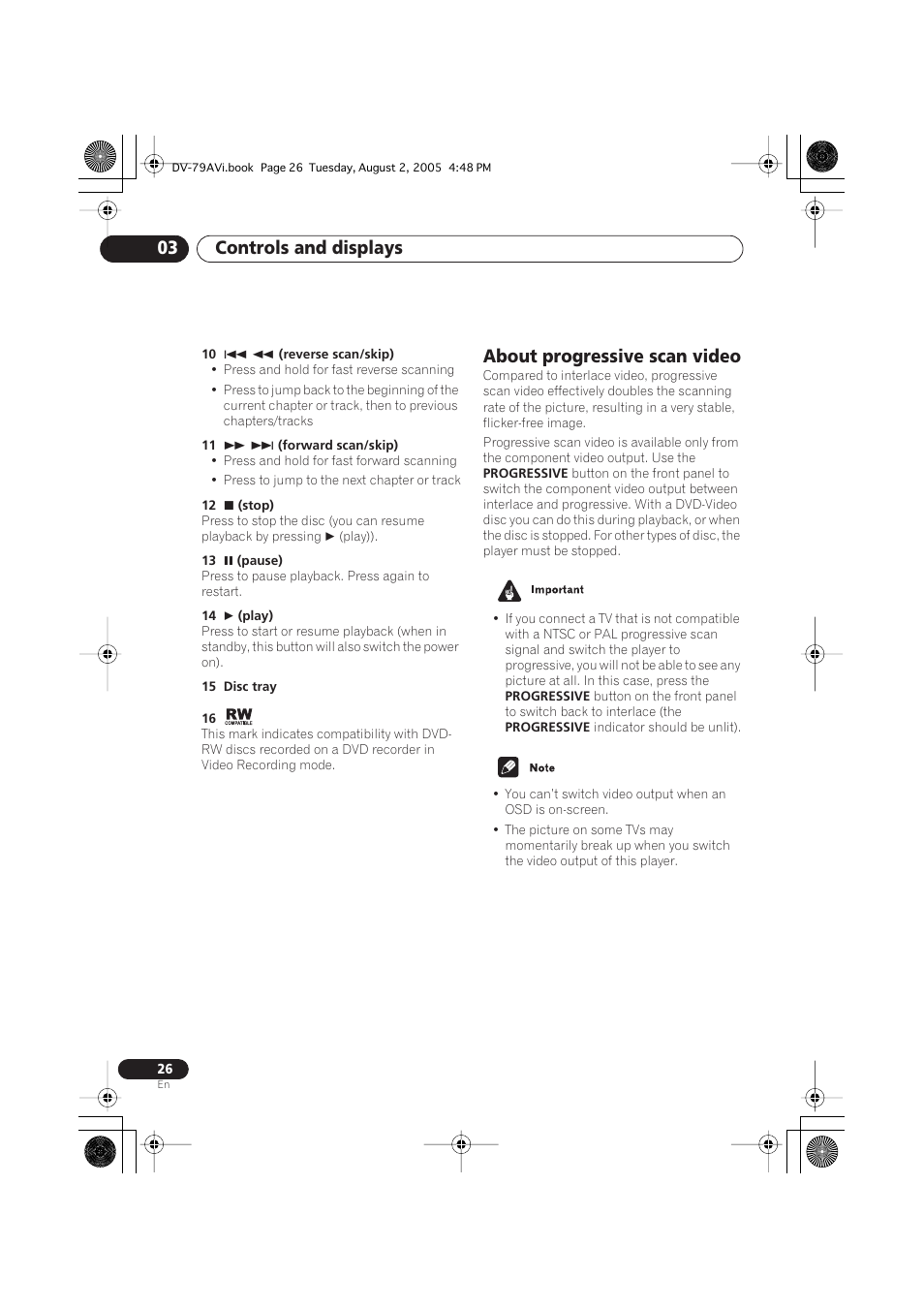 About progressive scan video, Controls and displays 03 | Pioneer DV-79AVi User Manual | Page 26 / 99