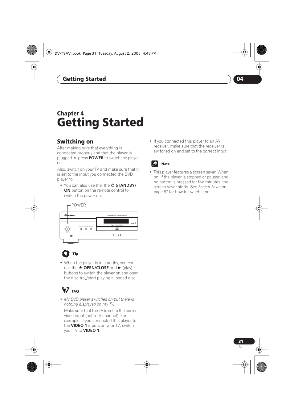 04 getting started, Switching on, Getting started | Getting started 04, Chapter 4 | Pioneer DV-79AVi User Manual | Page 31 / 99