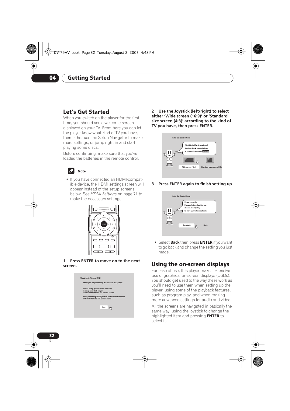 Let’s get started, Using the on-screen displays, Getting started 04 | Pioneer DV-79AVi User Manual | Page 32 / 99