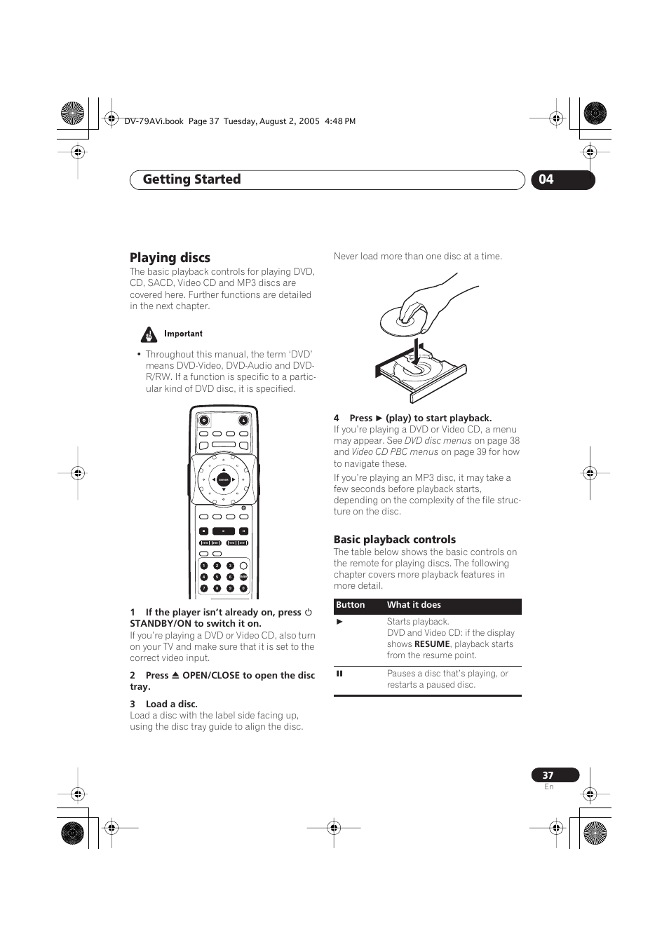 Playing discs, Basic playback controls, Getting started 04 | Pioneer DV-79AVi User Manual | Page 37 / 99