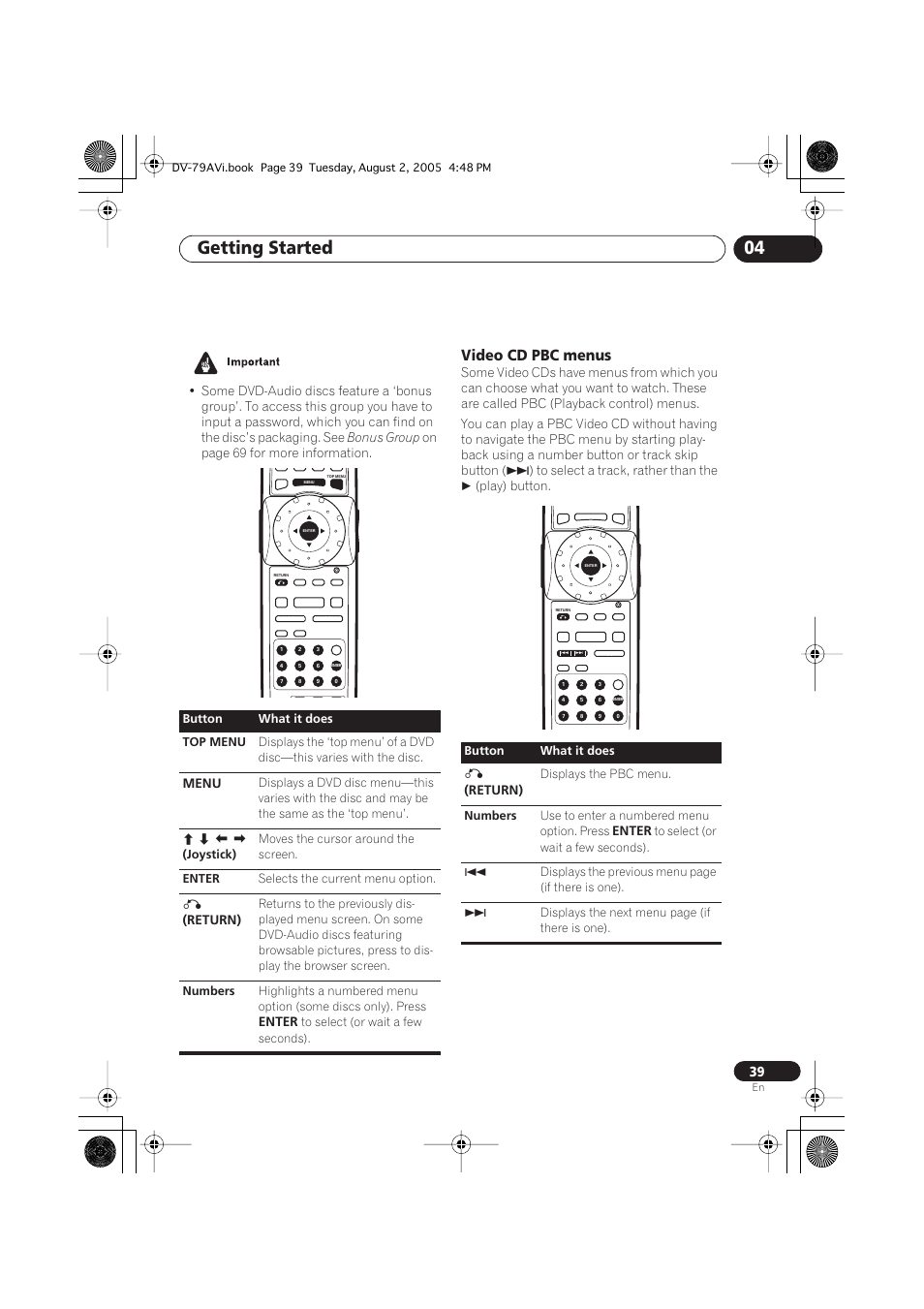 Video cd pbc menus, Getting started 04, Bonus group | On page 69 for more information, Play) button, Menu, Return), Enter | Pioneer DV-79AVi User Manual | Page 39 / 99