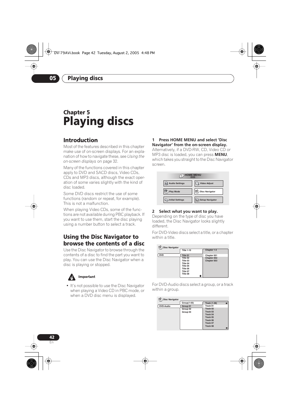 05 playing discs, Introduction, Playing discs | Playing discs 05, Chapter 5 | Pioneer DV-79AVi User Manual | Page 42 / 99