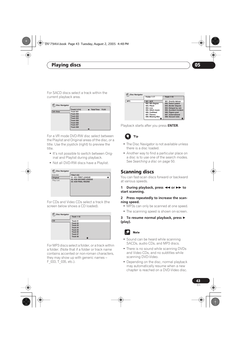 Scanning discs, Playing discs 05 | Pioneer DV-79AVi User Manual | Page 43 / 99