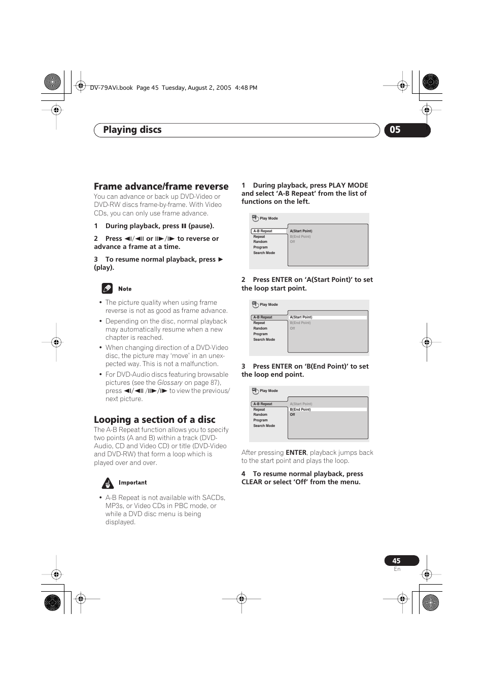 Frame advance/frame reverse, Looping a section of a disc, Playing discs 05 | Pioneer DV-79AVi User Manual | Page 45 / 99