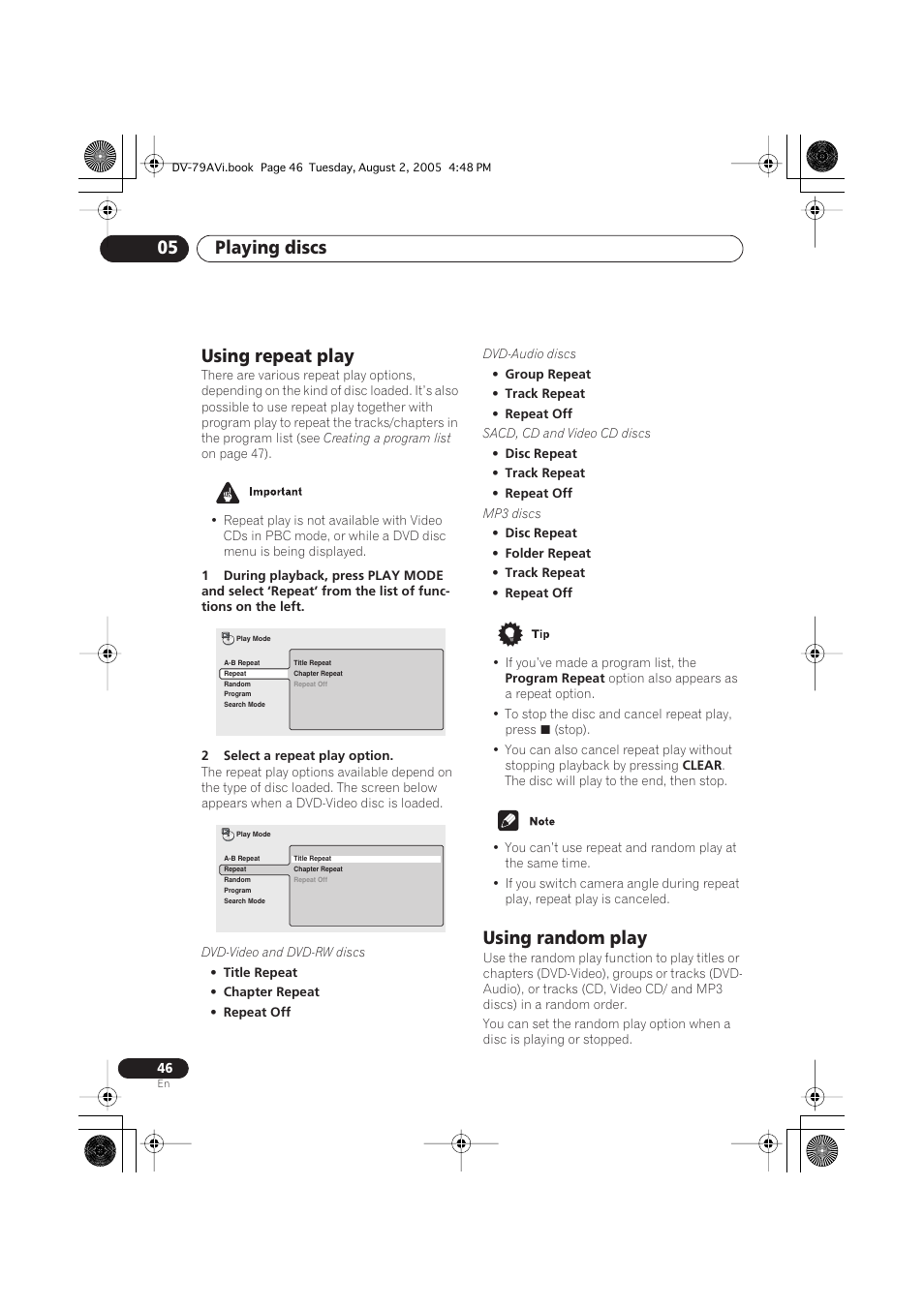 Using repeat play, Using random play, Playing discs 05 | Pioneer DV-79AVi User Manual | Page 46 / 99