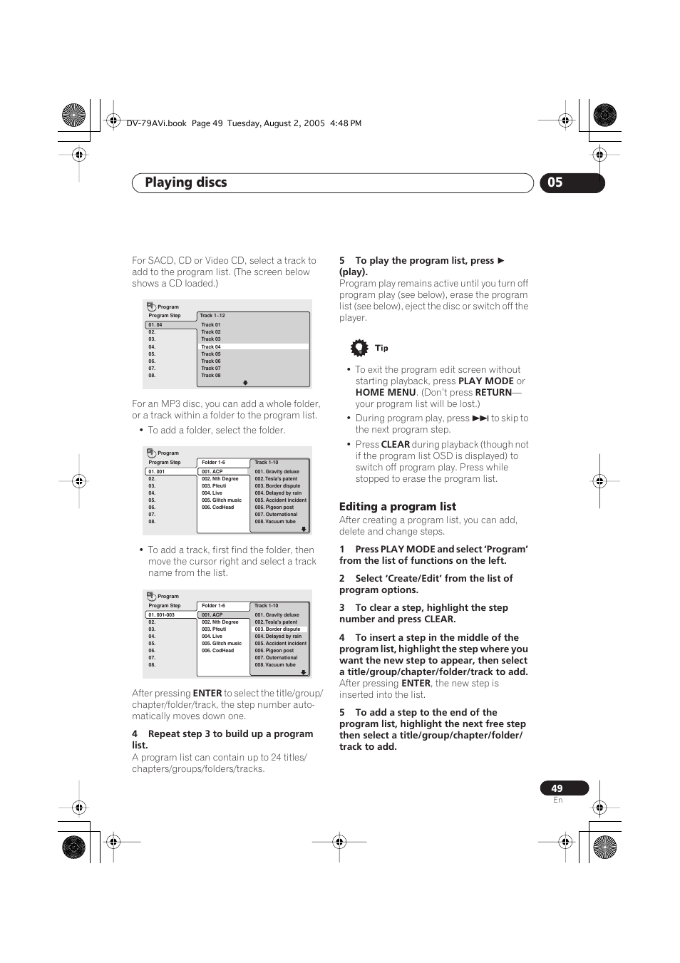 Editing a program list, Playing discs 05 | Pioneer DV-79AVi User Manual | Page 49 / 99