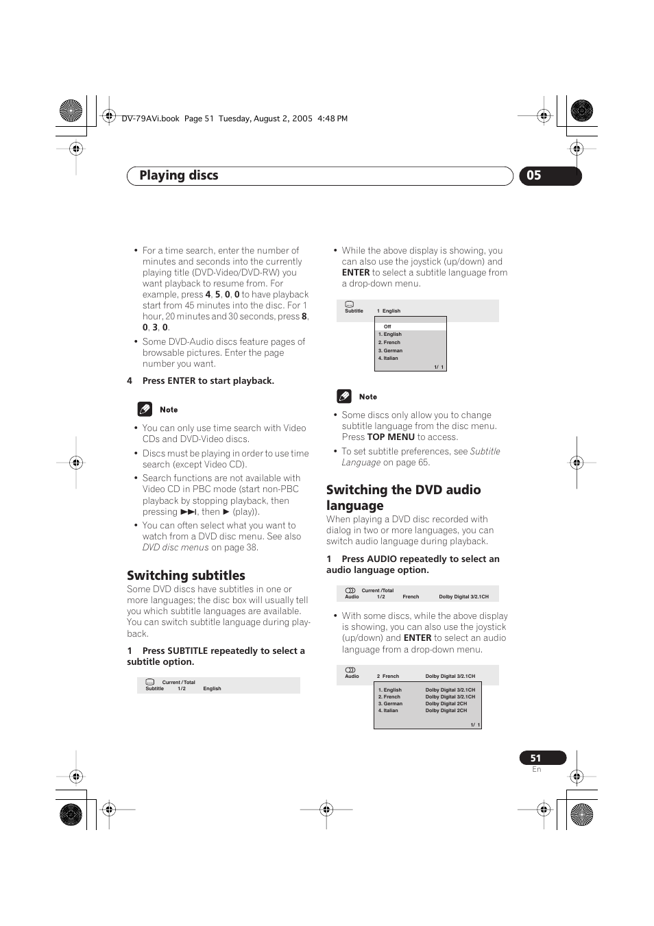 Switching subtitles, Switching the dvd audio language, Playing discs 05 | Pioneer DV-79AVi User Manual | Page 51 / 99