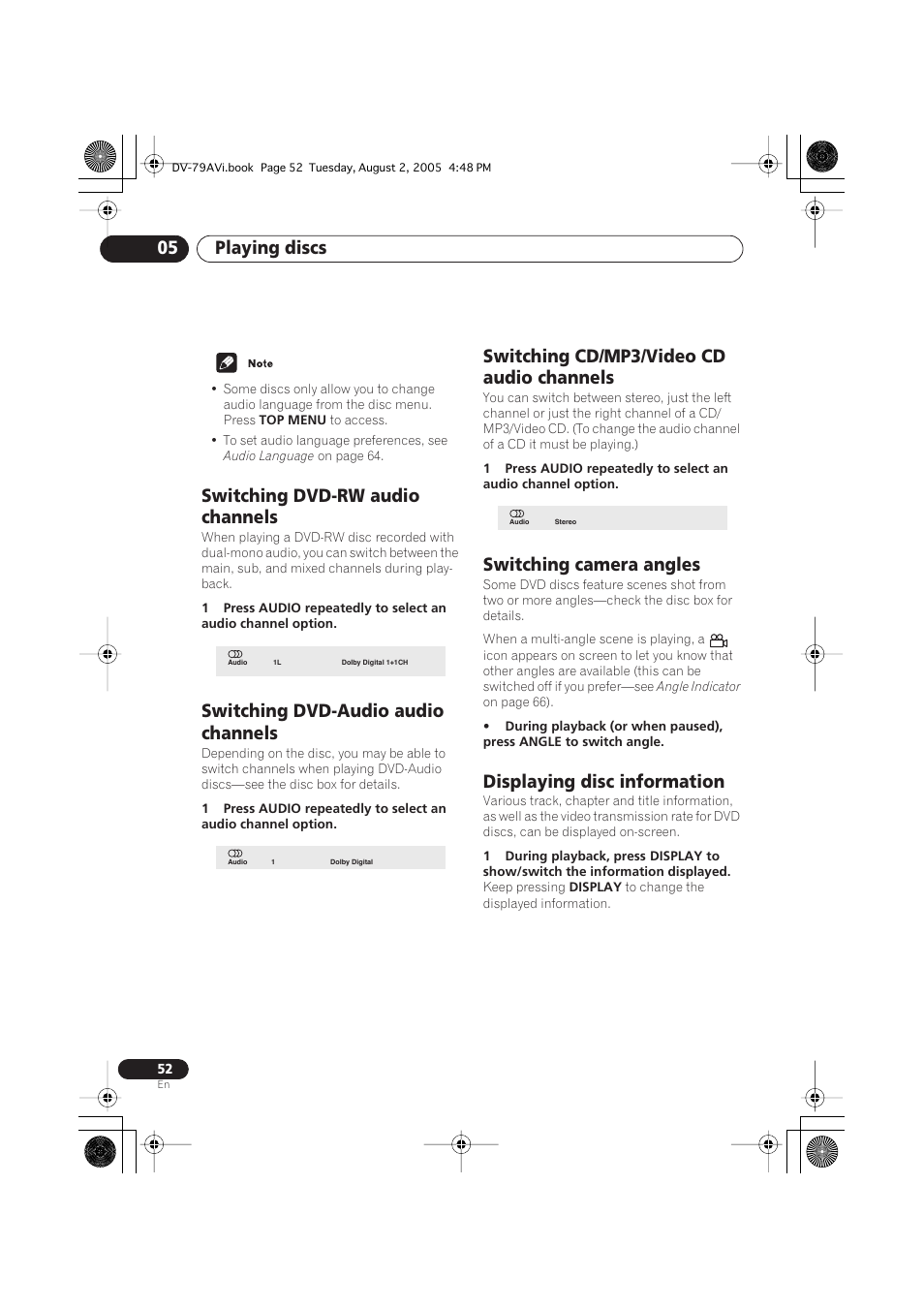 Switching dvd-rw audio channels, Switching dvd-audio audio channels, Switching cd/mp3/video cd audio channels | Switching camera angles, Displaying disc information, Playing discs 05 | Pioneer DV-79AVi User Manual | Page 52 / 99