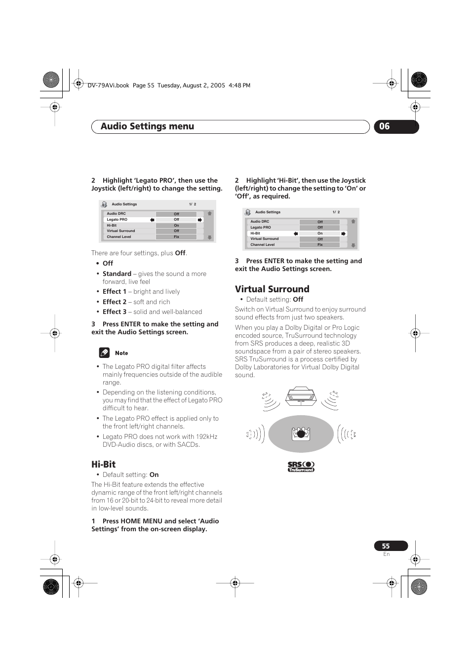 Hi-bit, Virtual surround, Audio settings menu 06 | Pioneer DV-79AVi User Manual | Page 55 / 99