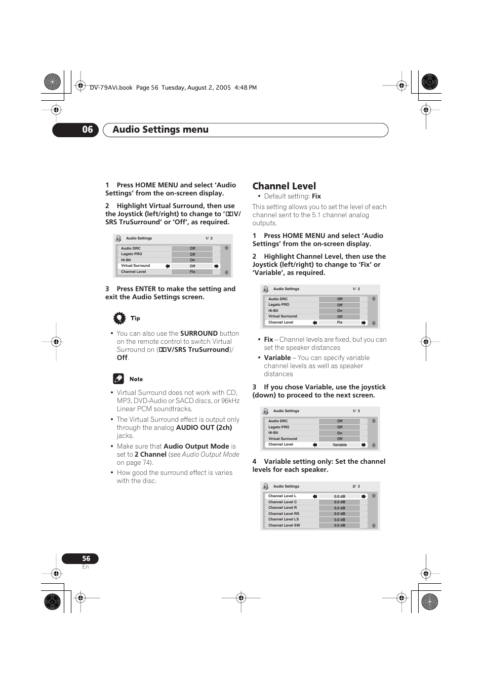 Channel level, Audio settings menu 06 | Pioneer DV-79AVi User Manual | Page 56 / 99