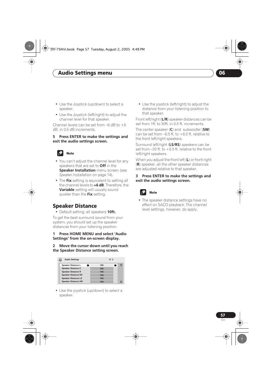 Speaker distance, Audio settings menu 06 | Pioneer DV-79AVi User Manual | Page 57 / 99