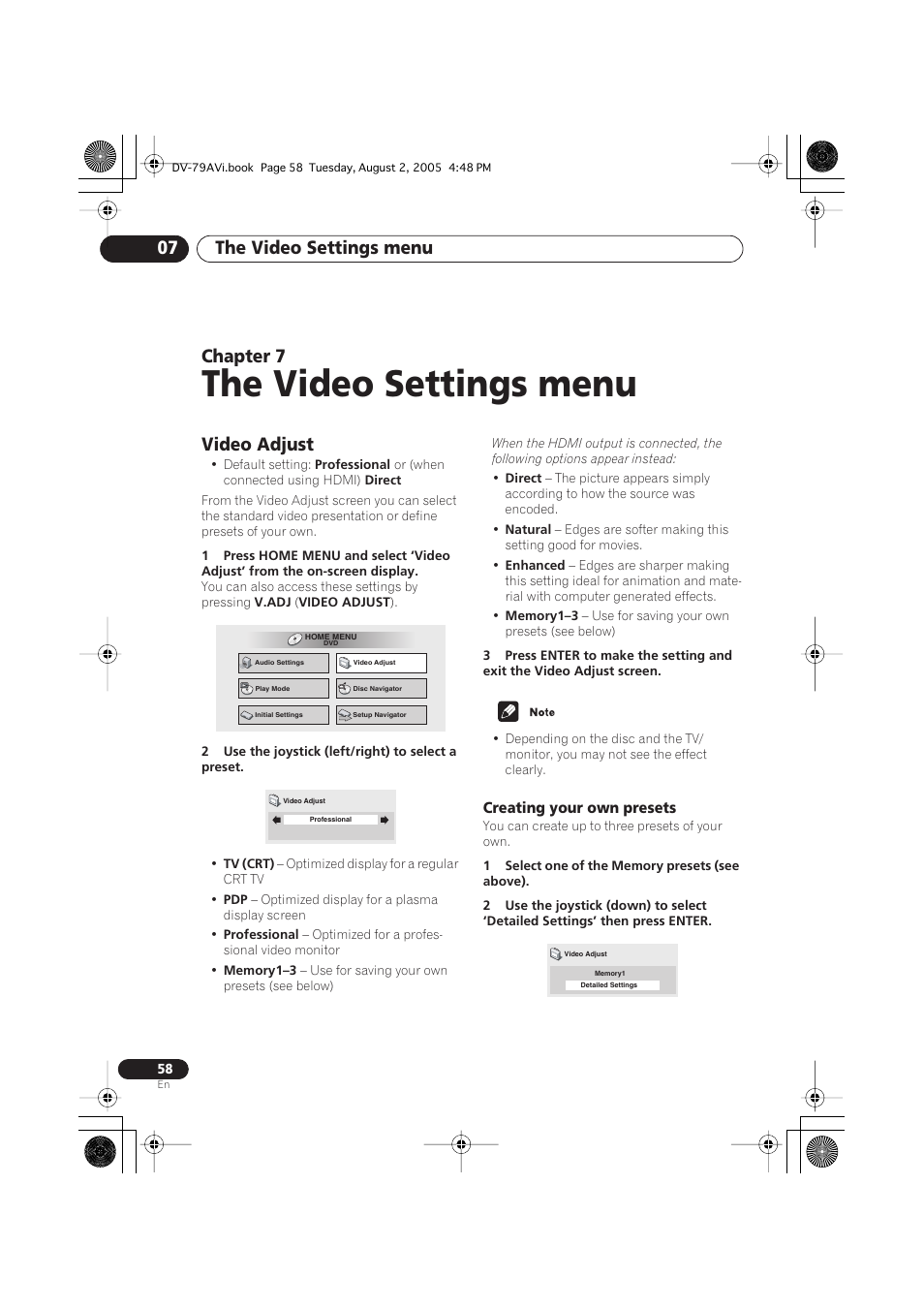 07 the video settings menu, Video adjust, Creating your own presets | The video settings menu, The video settings menu 07, Chapter 7 | Pioneer DV-79AVi User Manual | Page 58 / 99