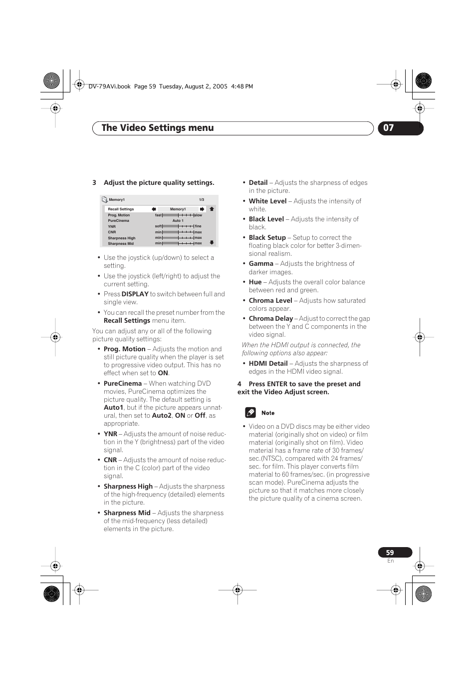 The video settings menu 07 | Pioneer DV-79AVi User Manual | Page 59 / 99