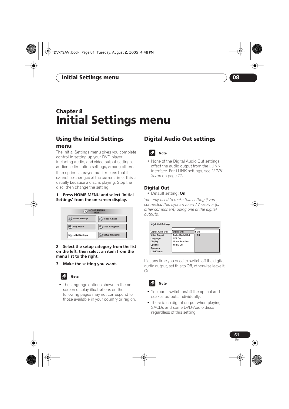 08 initial settings menu, Using the initial settings menu, Digital audio out settings | Digital out, Initial settings menu, Initial settings menu 08, Chapter 8 | Pioneer DV-79AVi User Manual | Page 61 / 99