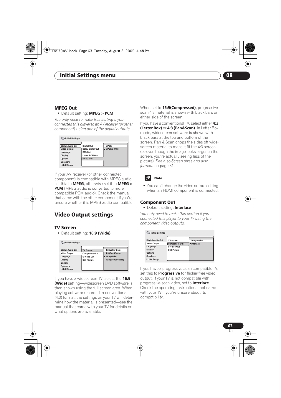 Mpeg out, Video output settings, Tv screen | Component out, Initial settings menu 08 | Pioneer DV-79AVi User Manual | Page 63 / 99