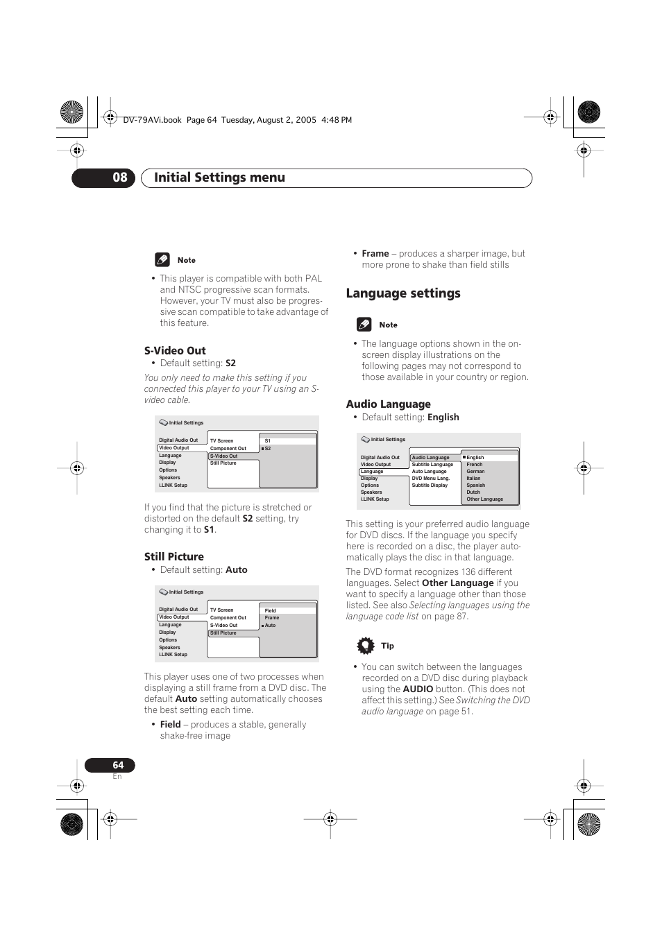 S-video out, Still picture, Language settings | Audio language, Initial settings menu 08 | Pioneer DV-79AVi User Manual | Page 64 / 99