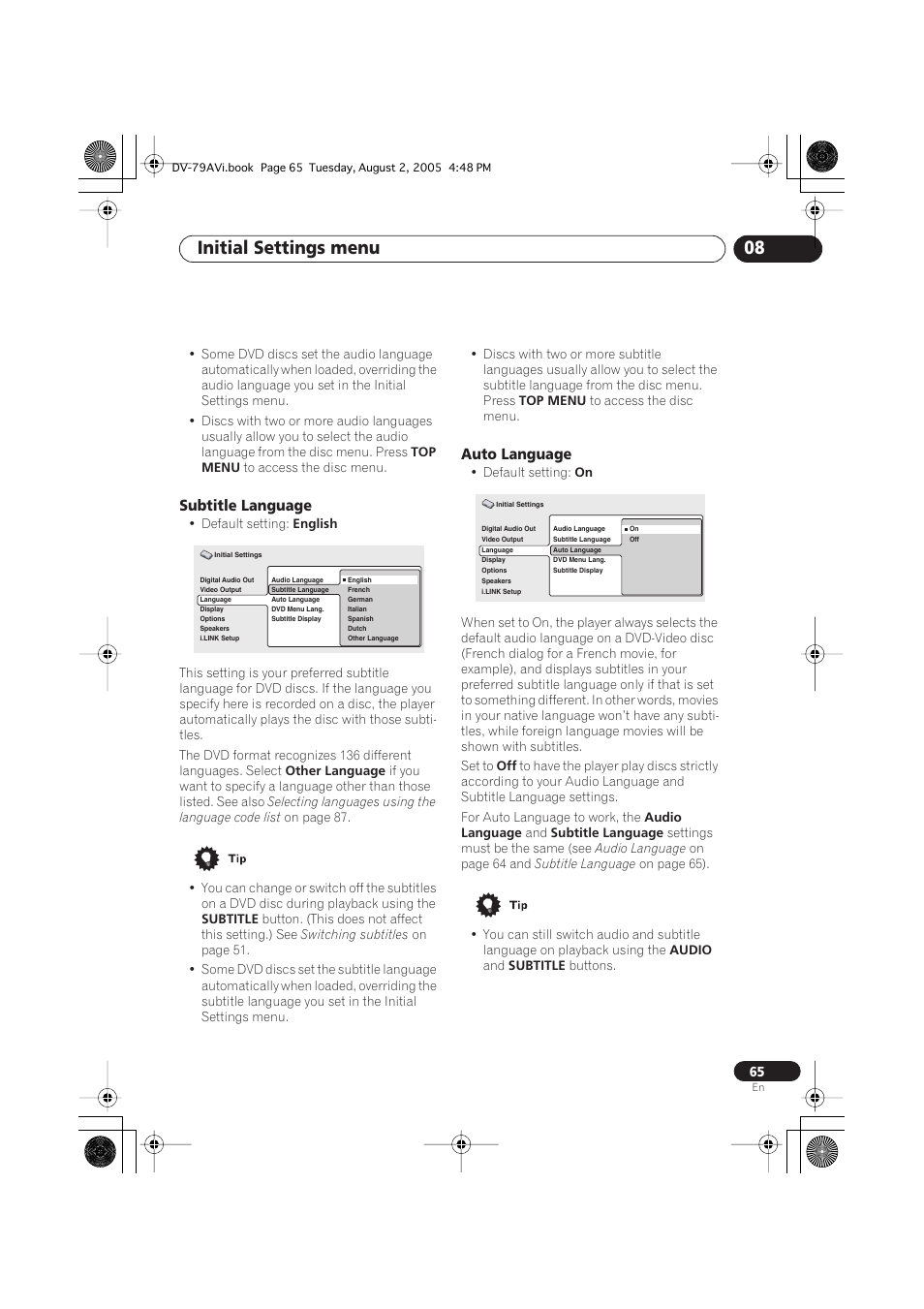 Subtitle language, Auto language, Initial settings menu 08 | Pioneer DV-79AVi User Manual | Page 65 / 99