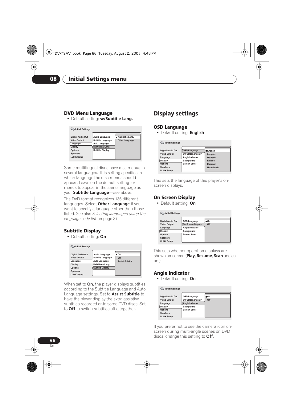 Dvd menu language, Subtitle display, Display settings | Osd language, On screen display, Angle indicator, Initial settings menu 08 | Pioneer DV-79AVi User Manual | Page 66 / 99