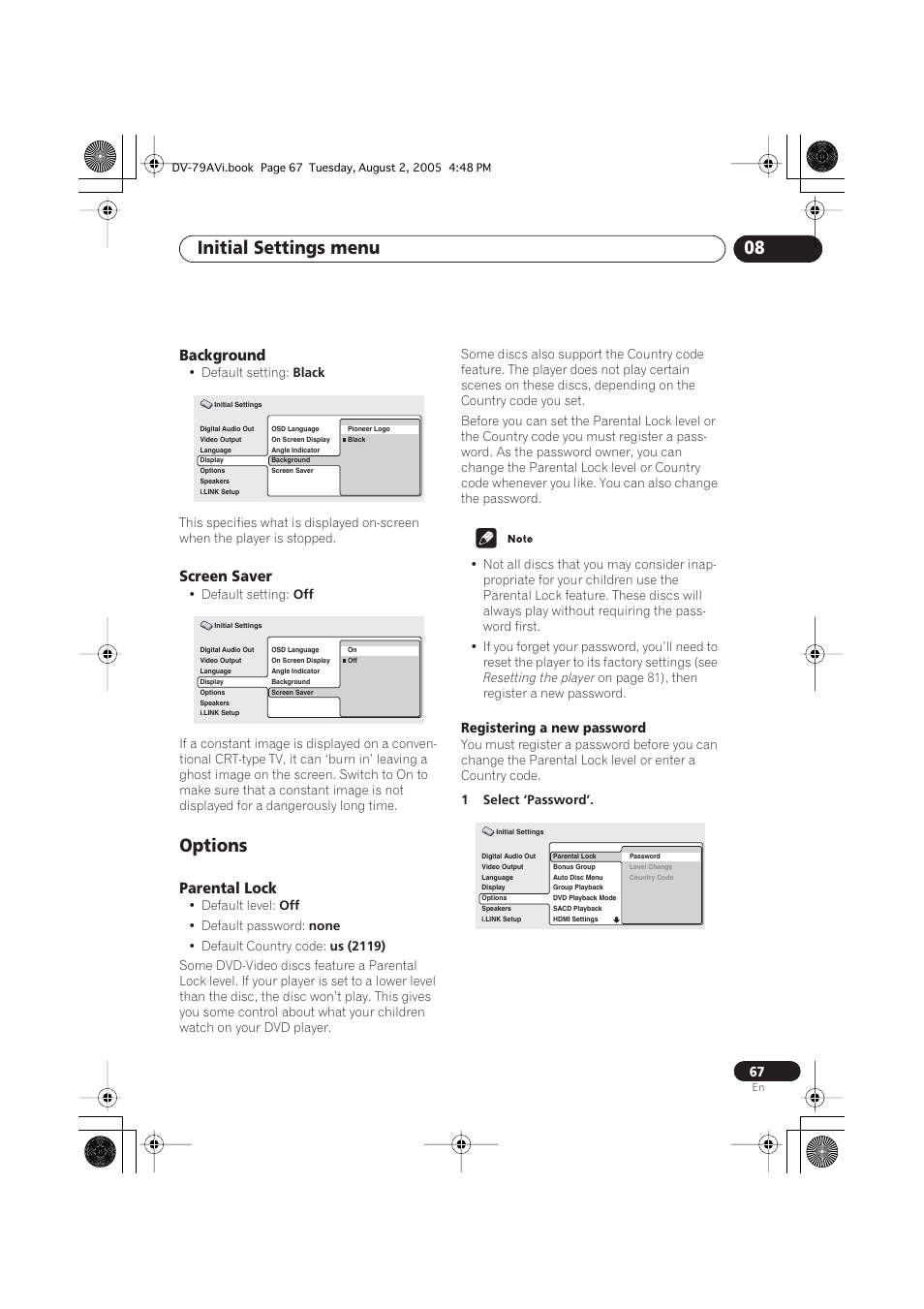 Background, Screen saver, Options | Parental lock, Initial settings menu 08 | Pioneer DV-79AVi User Manual | Page 67 / 99