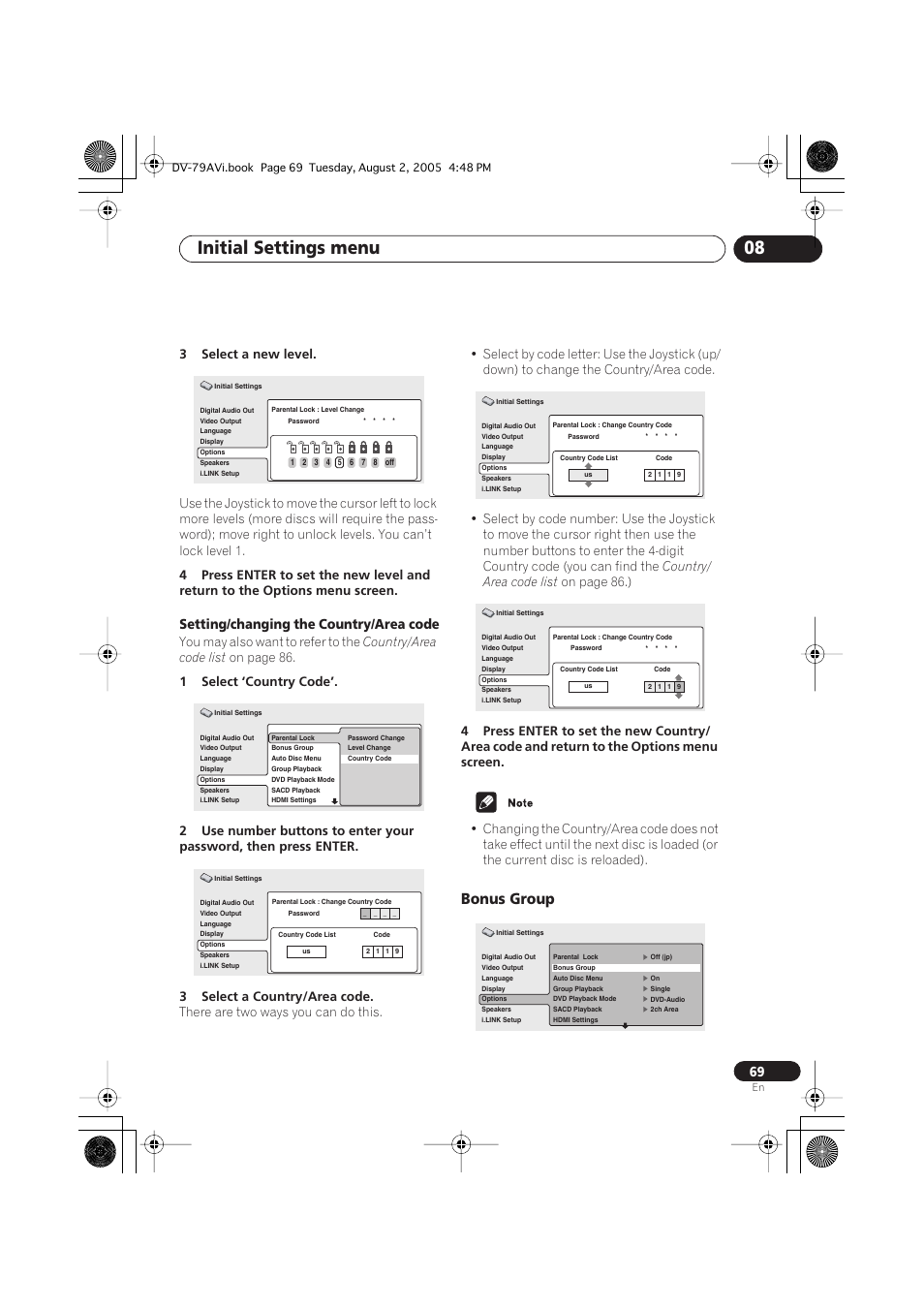Bonus group, Initial settings menu 08, Setting/changing the country/area code | 3select a new level, You may also want to refer to the, Country/area code list, On page 86, Country/ area code list, On page 86.) | Pioneer DV-79AVi User Manual | Page 69 / 99