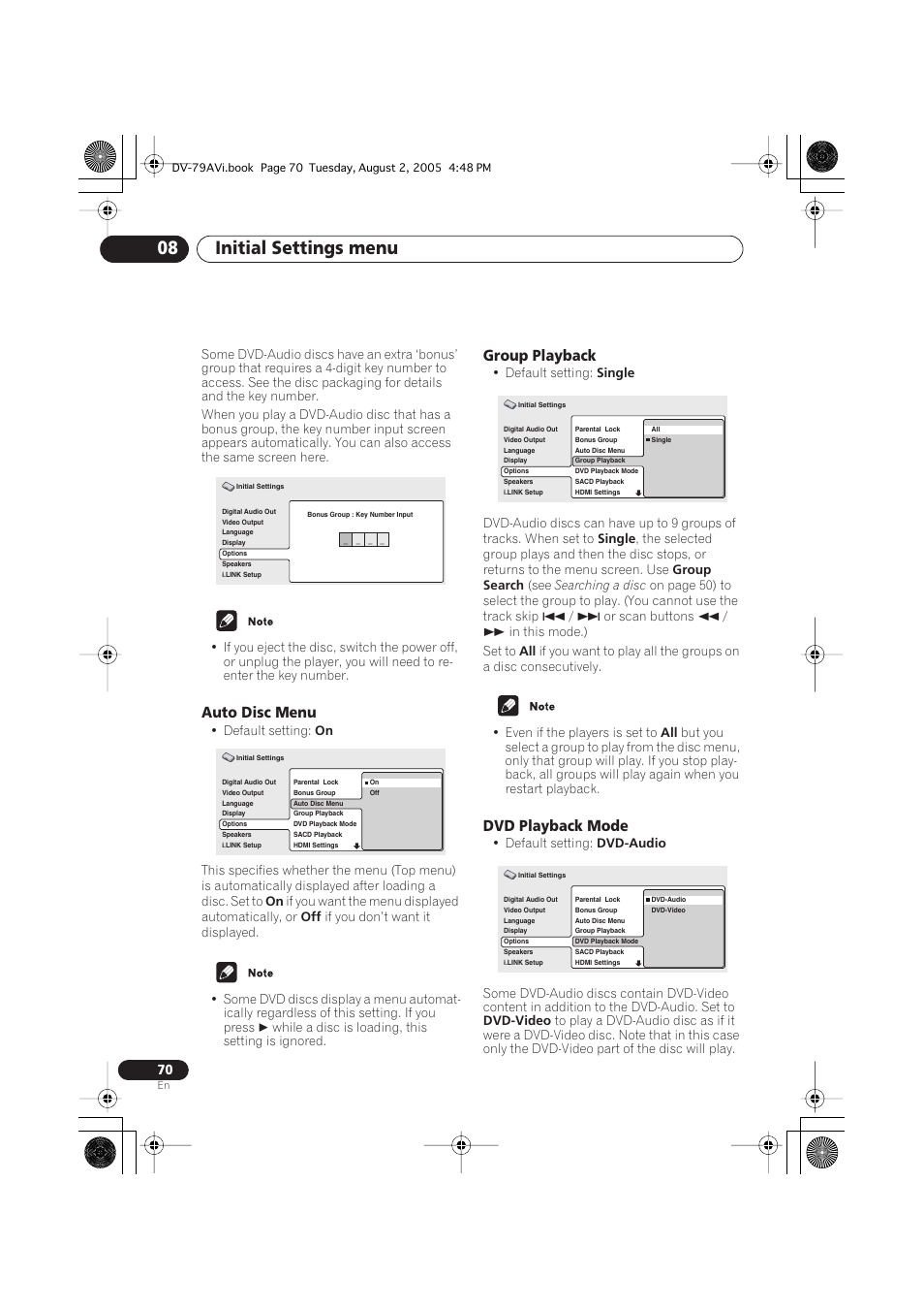 Auto disc menu, Group playback, Dvd playback mode | Initial settings menu 08 | Pioneer DV-79AVi User Manual | Page 70 / 99