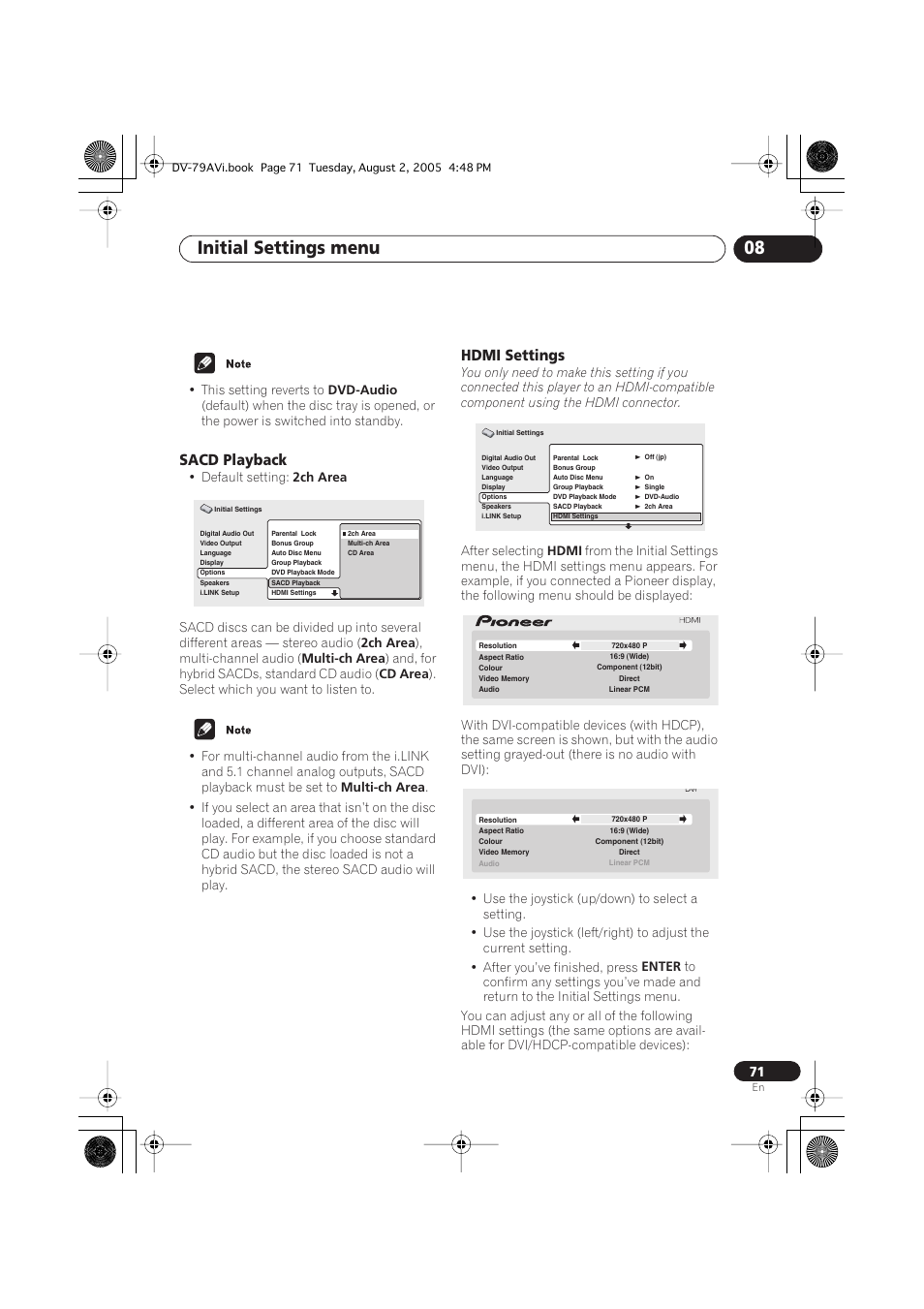 Sacd playback, Hdmi settings, Initial settings menu 08 | Pioneer DV-79AVi User Manual | Page 71 / 99