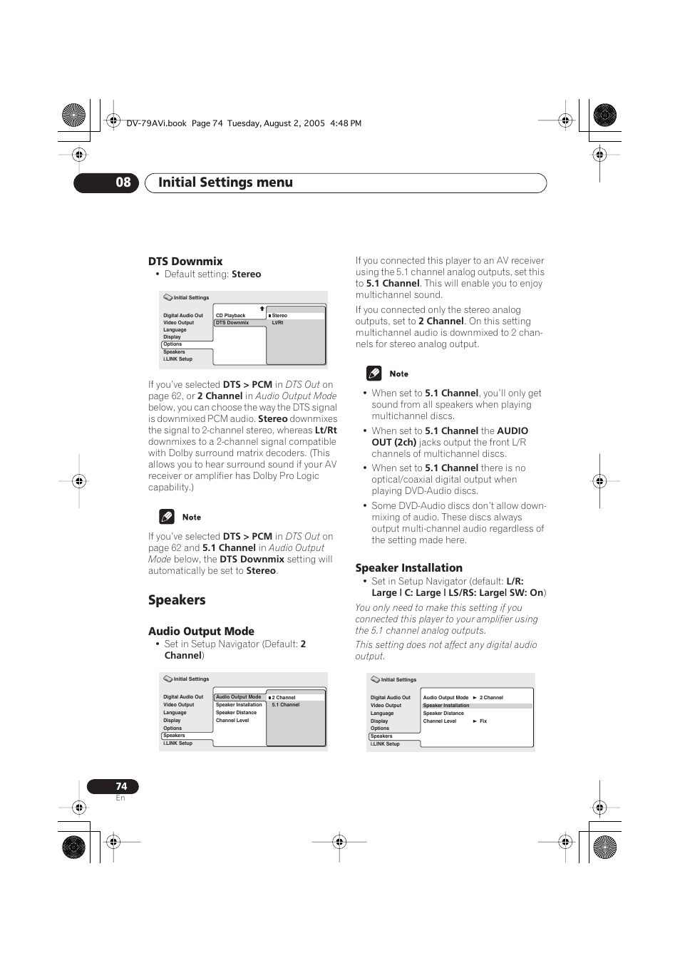 Dts downmix, Speakers, Audio output mode | Speaker installation, Initial settings menu 08 | Pioneer DV-79AVi User Manual | Page 74 / 99
