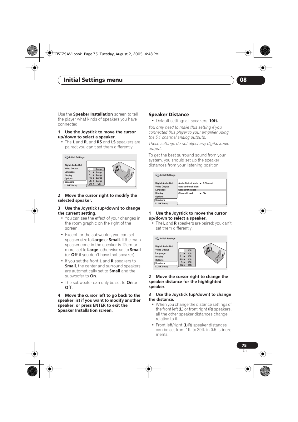Speaker distance, Initial settings menu 08 | Pioneer DV-79AVi User Manual | Page 75 / 99