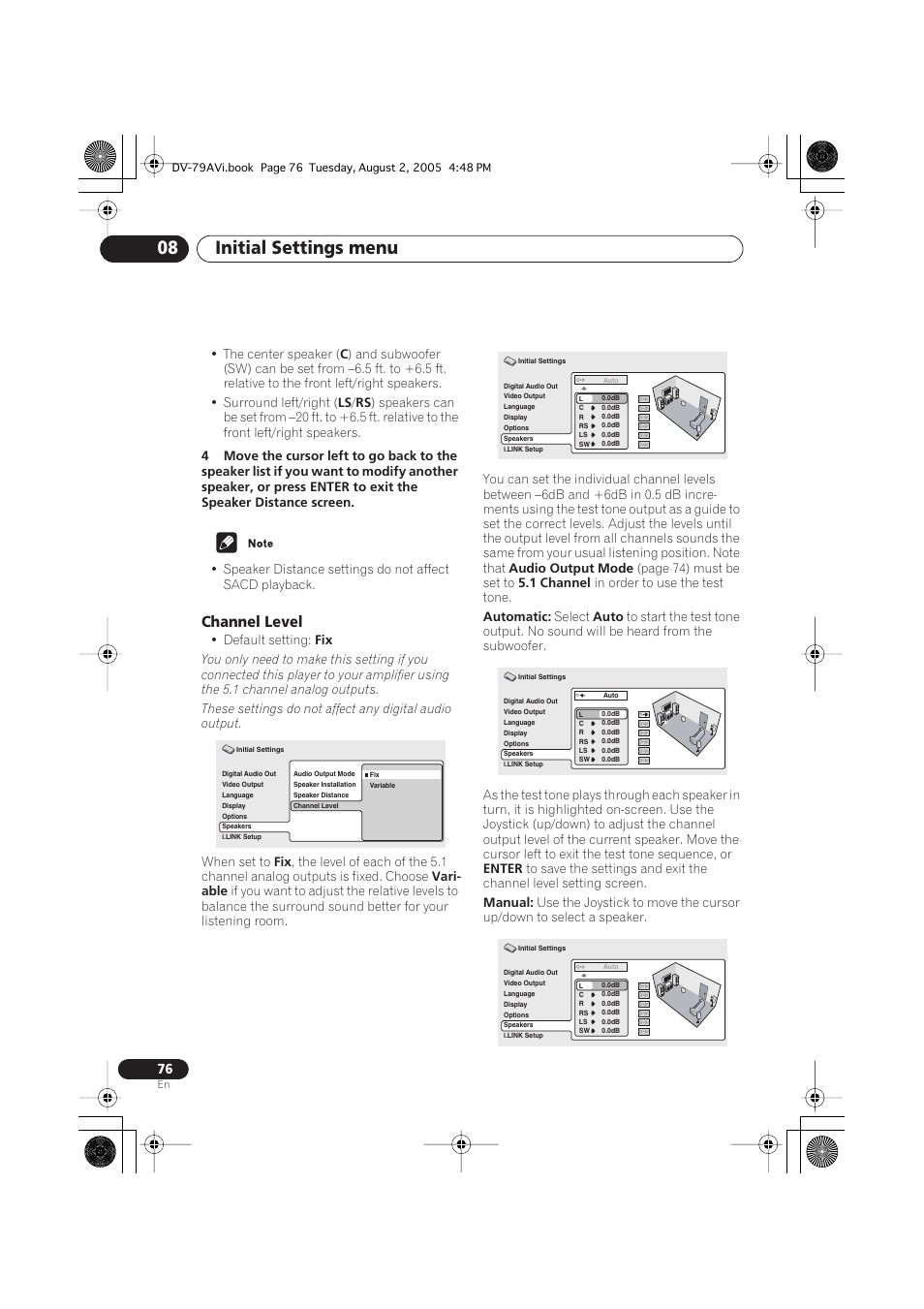 Channel level, Initial settings menu 08 | Pioneer DV-79AVi User Manual | Page 76 / 99