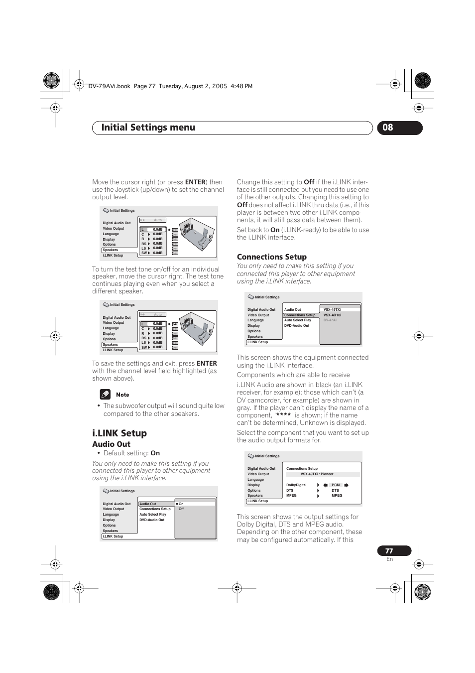 I.link setup, Audio out, Connections setup | Initial settings menu 08 | Pioneer DV-79AVi User Manual | Page 77 / 99