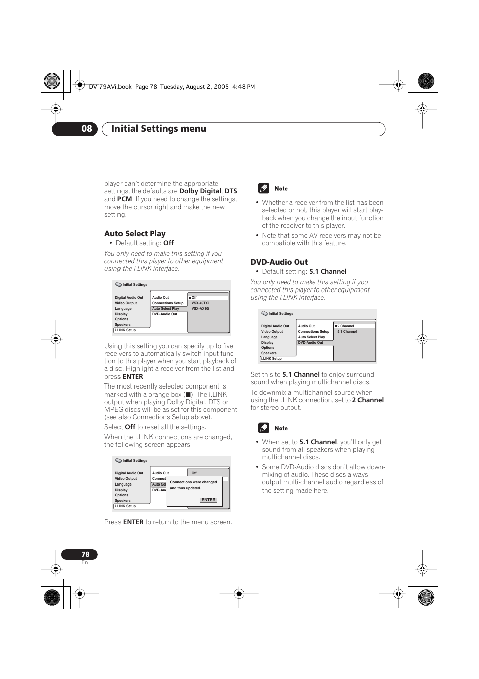 Auto select play, Dvd-audio out, Initial settings menu 08 | Pioneer DV-79AVi User Manual | Page 78 / 99