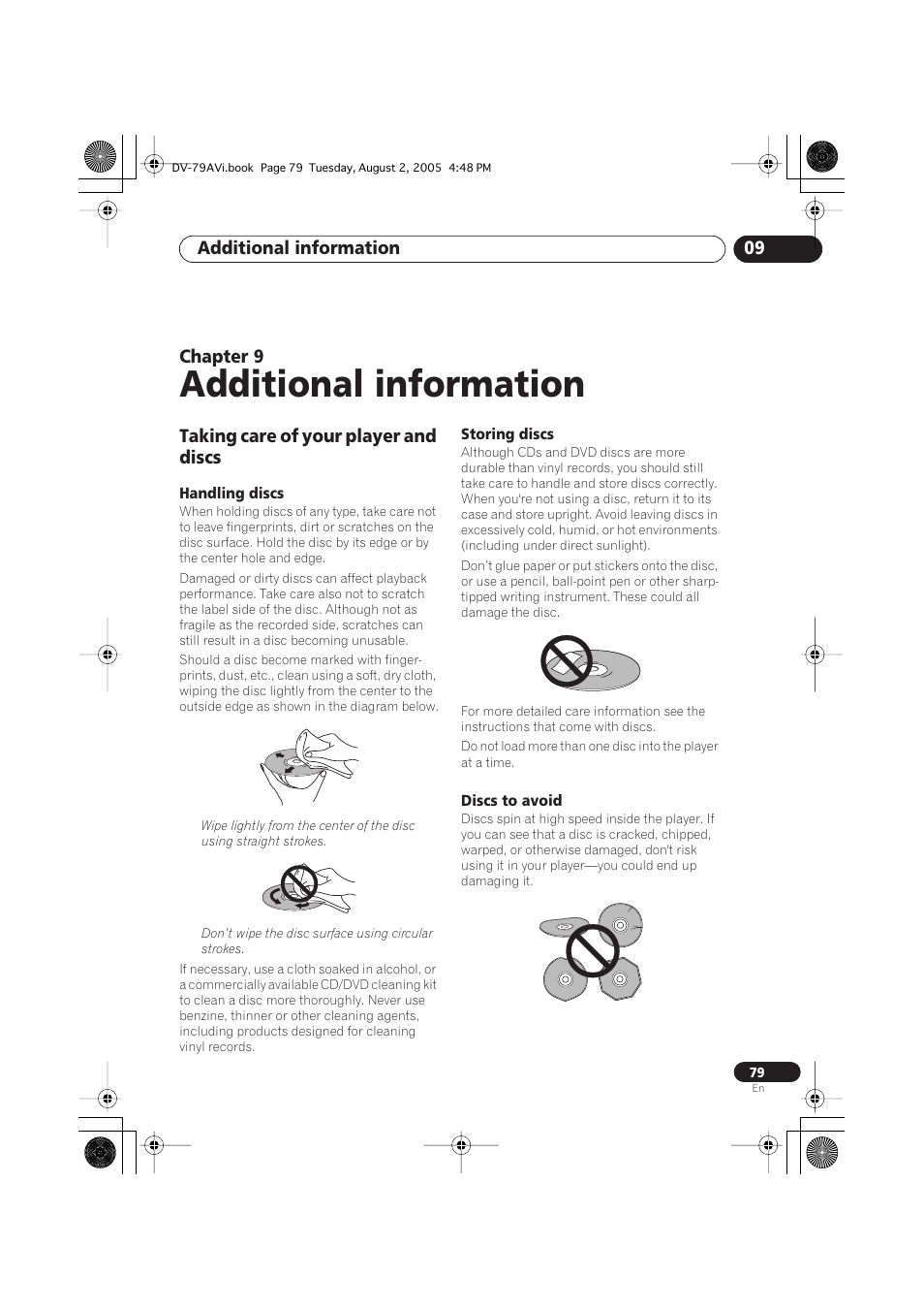 09 additional information, Taking care of your player and discs, Handling discs | Storing discs, Discs to avoid, Additional information | Pioneer DV-79AVi User Manual | Page 79 / 99