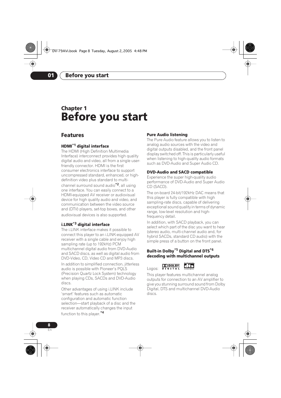 01 before you start, Features, Before you start | Before you start 01, Chapter 1 | Pioneer DV-79AVi User Manual | Page 8 / 99