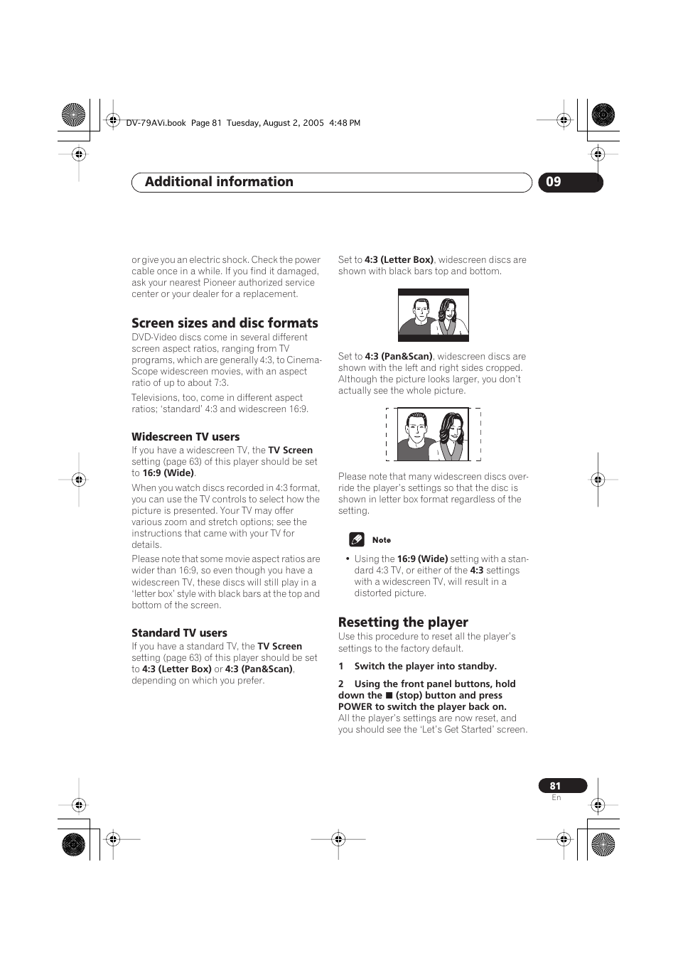 Screen sizes and disc formats, Widescreen tv users, Standard tv users | Resetting the player, Additional information 09 | Pioneer DV-79AVi User Manual | Page 81 / 99