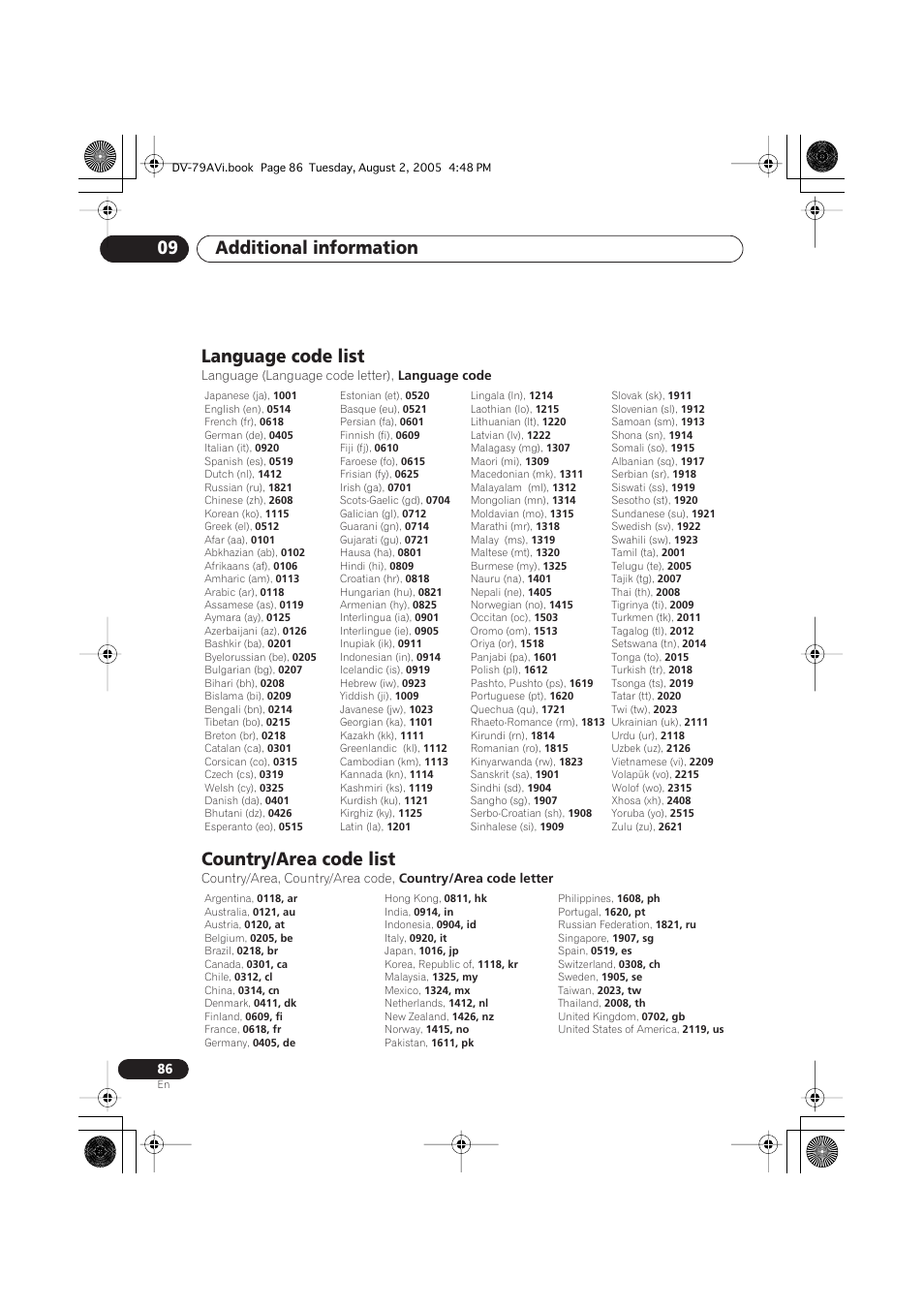 Language code list, Country/area code list, Additional information 09 | Pioneer DV-79AVi User Manual | Page 86 / 99