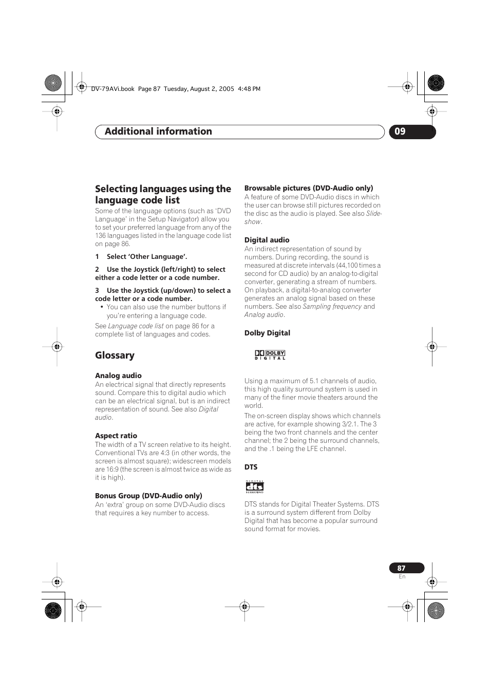 Selecting languages using the language code list, Glossary, Additional information 09 | Pioneer DV-79AVi User Manual | Page 87 / 99