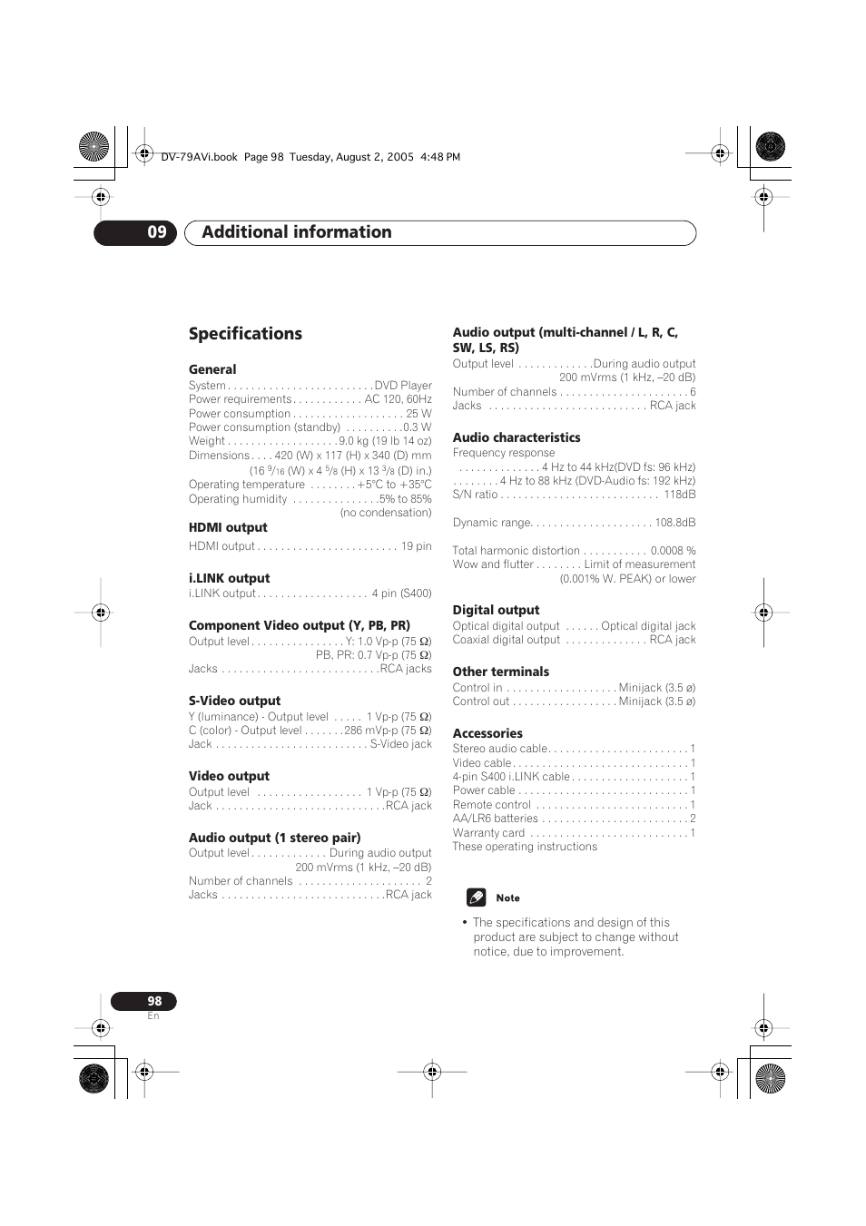 Specifications, Additional information 09 | Pioneer DV-79AVi User Manual | Page 98 / 99