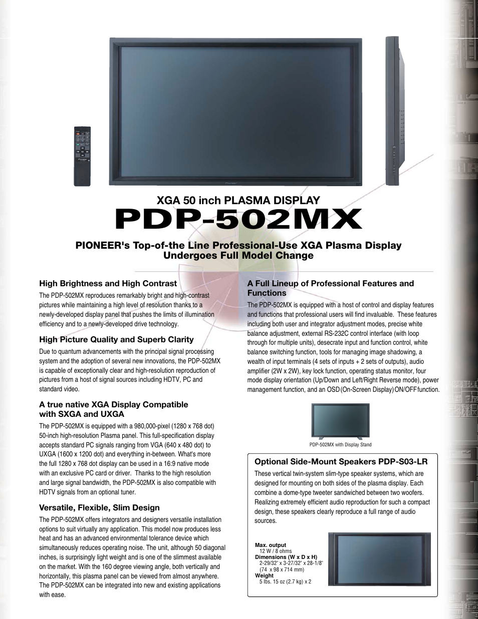 Pdp-502mx, Xga 50 inch plasma display | Pioneer PDP 502MX User Manual | Page 5 / 8