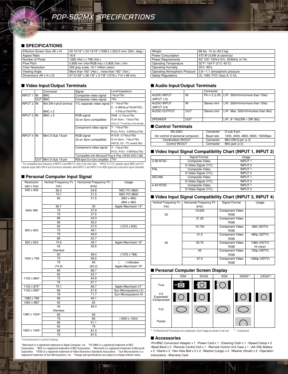 Specifications, Personal computer input signal, Video input/output terminals | Audio input/output terminals, Control terminals, Personal computer screen display ■ accessories | Pioneer PDP 502MX User Manual | Page 6 / 8