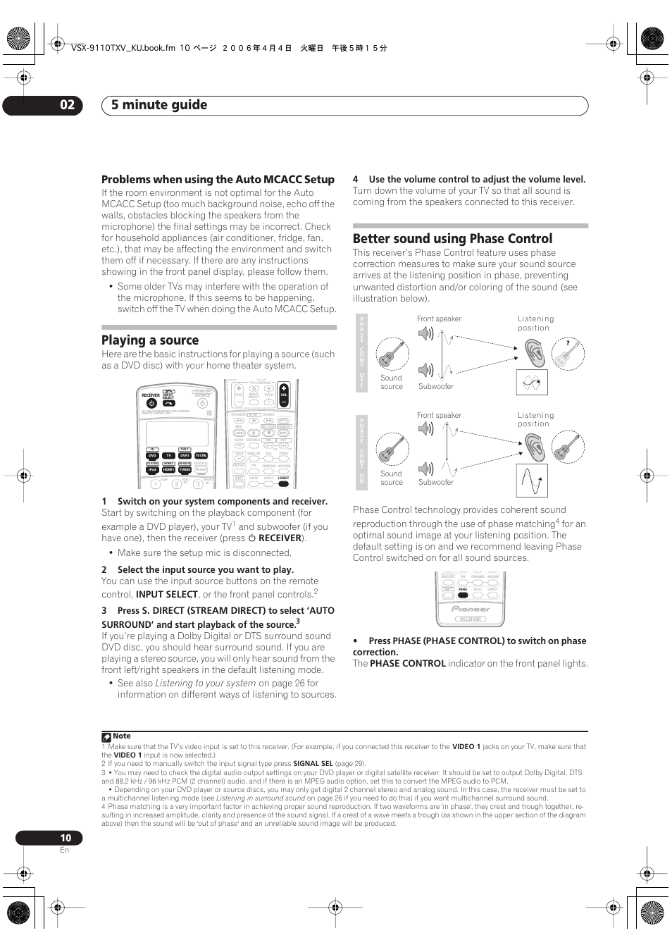 Problems when using the auto mcacc setup, Playing a source better sound using phase control, 5 minute guide 02 | Playing a source, Better sound using phase control | Pioneer VSX-9110TXV-K User Manual | Page 10 / 84