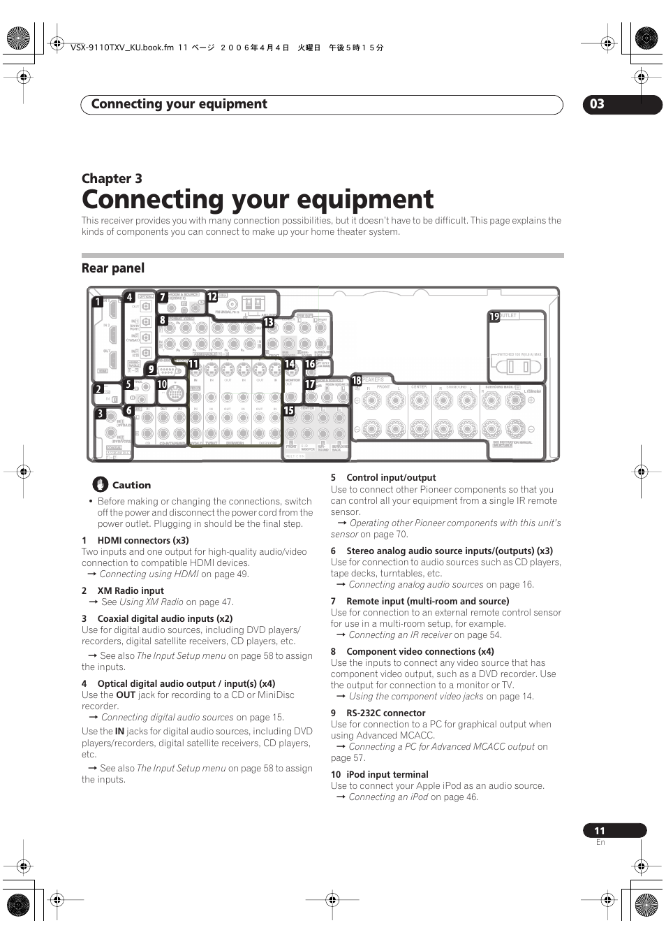 03 connecting your equipment, Rear panel, Connecting your equipment | Connecting your equipment 03, Chapter 3 | Pioneer VSX-9110TXV-K User Manual | Page 11 / 84